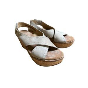 Clarks Annadel Eirwyn Tan Size 8.5 Cork Wedge Sandal Suede Comfort Shoe Heel Sho